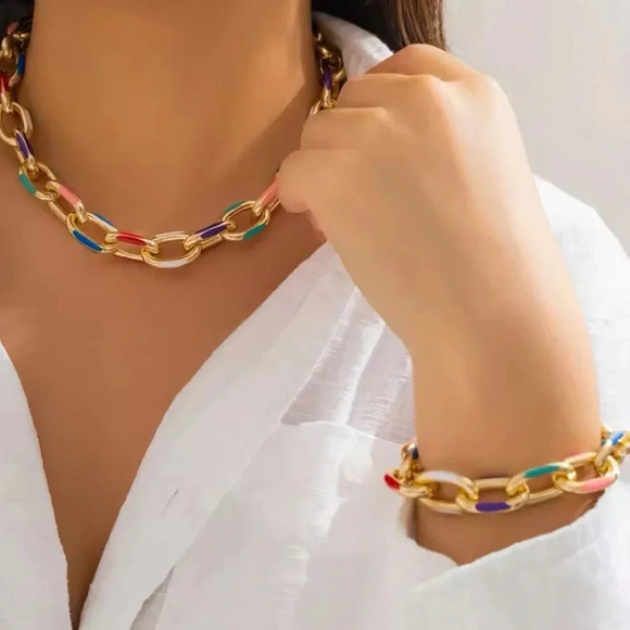 Sicily Gold-Tone Multicolor Enamel Chain Necklace and Bracelet Set - Picture 2 of 16